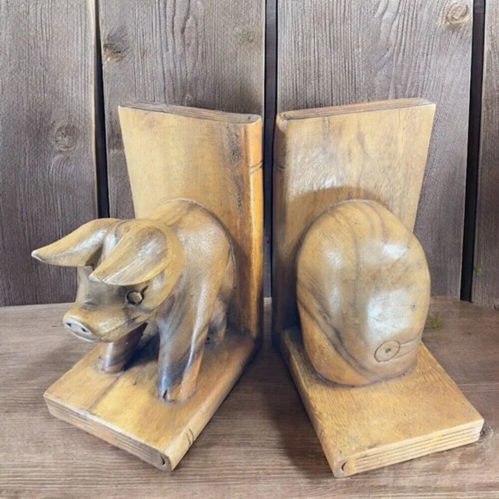 Hand Carved Wood Pig Bookend Set Folk Art Decor Primitive Bookends Hand Made VTG